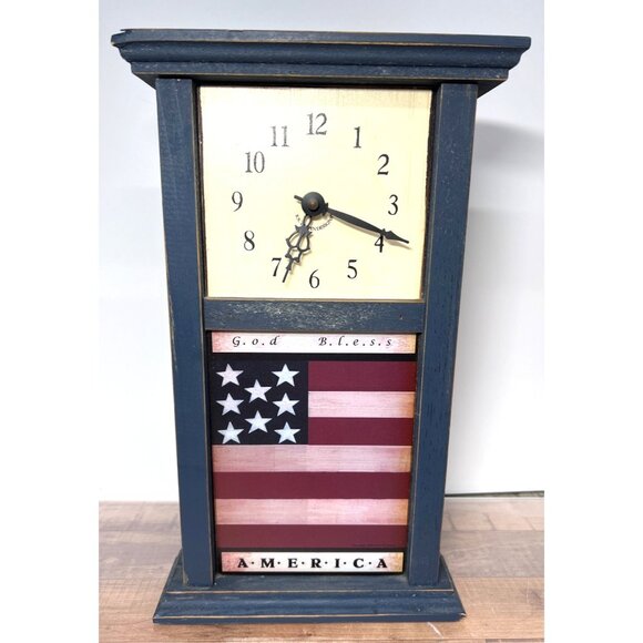 Rustic Patriotic Wooden Tabletop Clock With American Flag Design - Picture 1 of 5